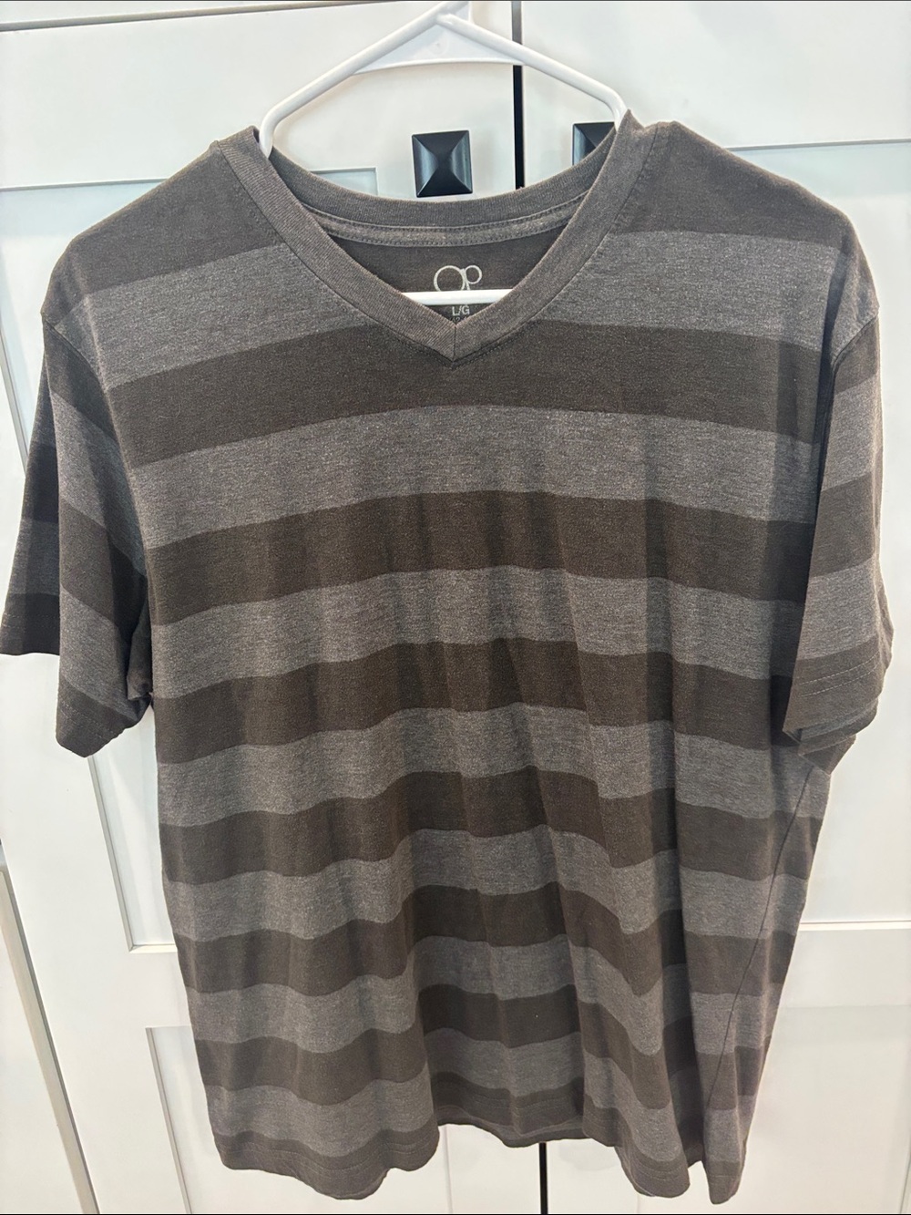 OP Men's V-Neck Short Sleeve Shirt in Gray and Dark Grey/Brown Stripes